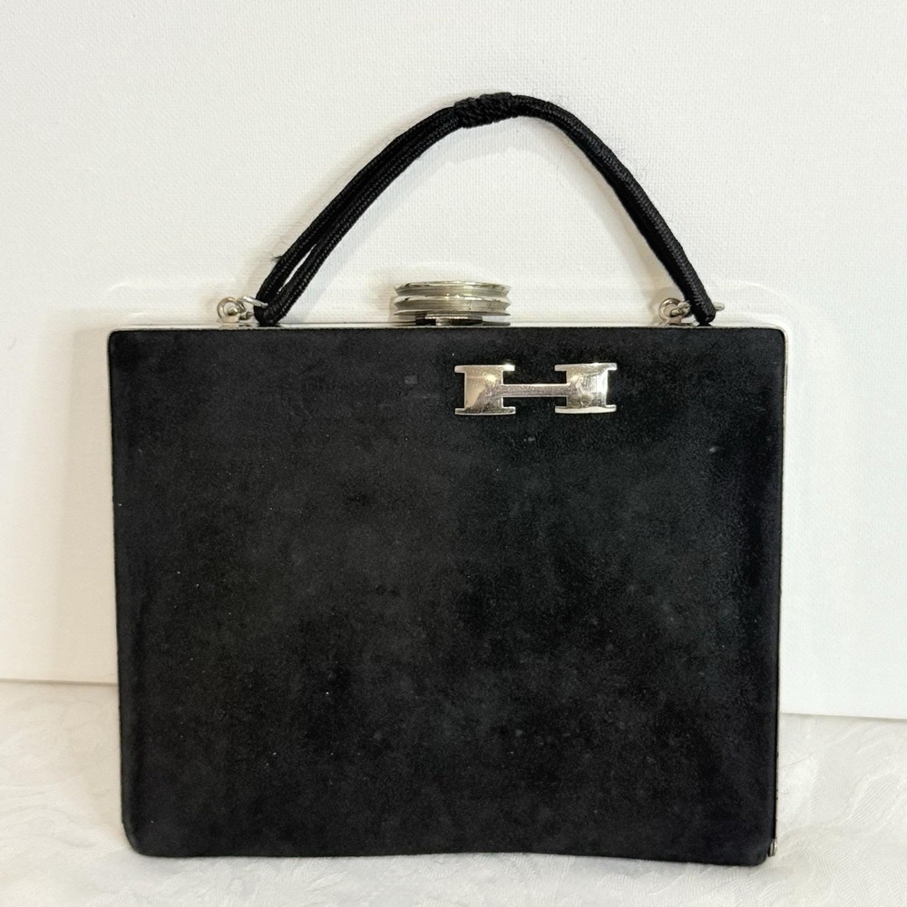 Vintage black Hinged suede evening bag silver frame 'H' logo interior coin purse